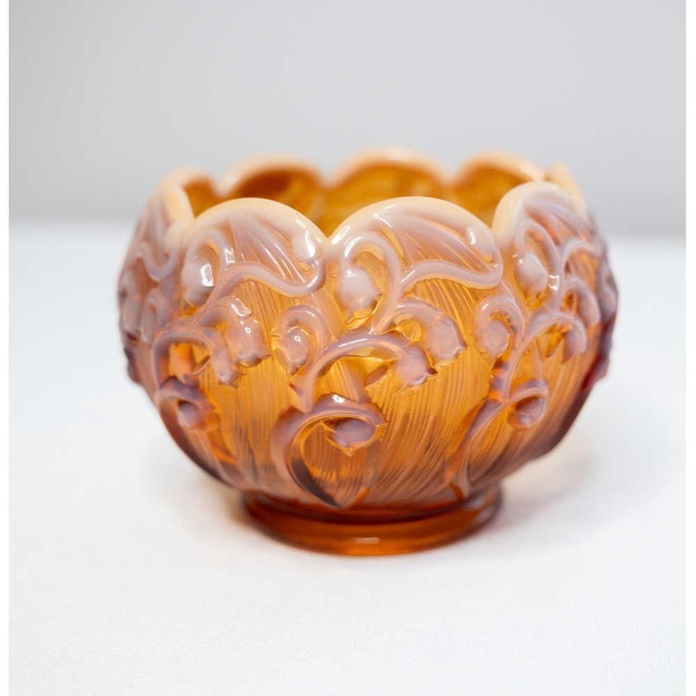 Vintage Fenton Glass Lily of the Valley Rose Bowl in Opalescent Amber 4-1/2"
